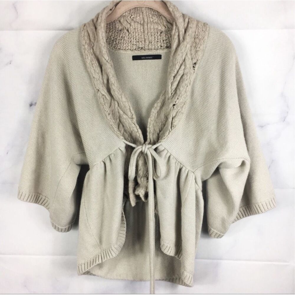 Anthropologie Cream Cable-Trim Open Cardigan